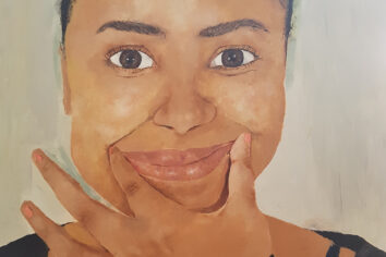 Art&design00030 A paitning of a girl using her hand to make her lips smile.
